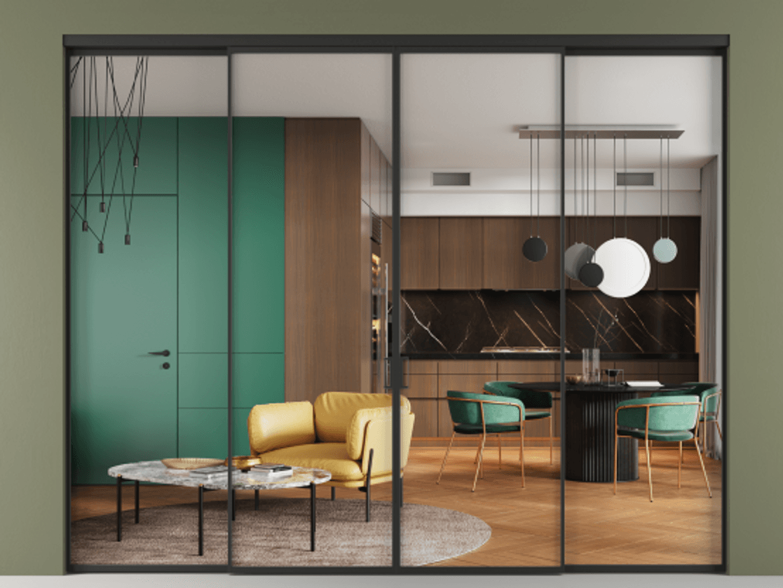 Перегородка Формато внутри проёма 4 створки АЛПР 040.01 Алюминий Черный Прозрачное стекло "Кристал Вижн", калёное Цена 332960 ₽  | Volhovec