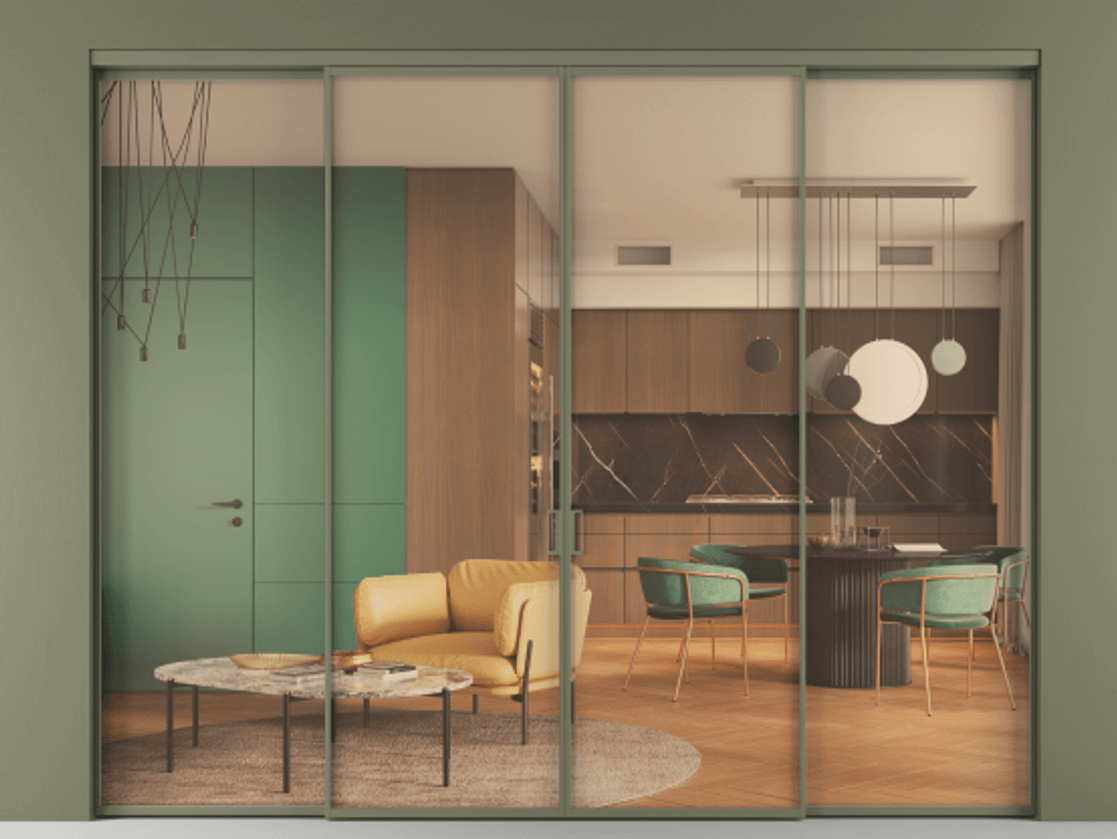 Перегородка Формато внутри проёма 4 створки АЛПР 040.01 Алюминий оливковый тёмный Прозрачное оранжевое стекло, триплекс Цена 351820 ₽  | Volhovec