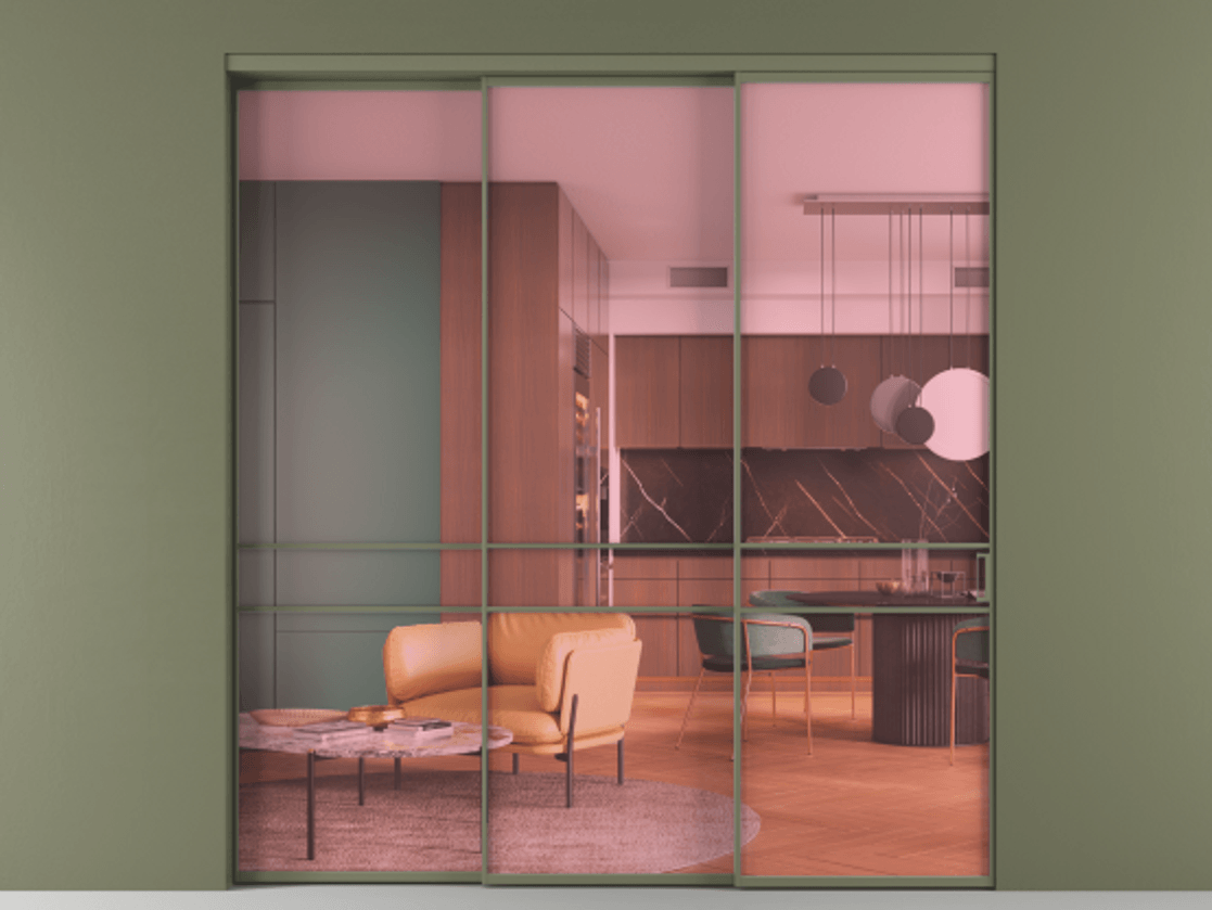 Перегородка Формато внутри проёма 3 створки с синхронным механизмом АЛПР 040.02 Алюминий оливковый тёмный Прозрачное розовое стекло, триплекс Цена 378990 ₽  | Volhovec