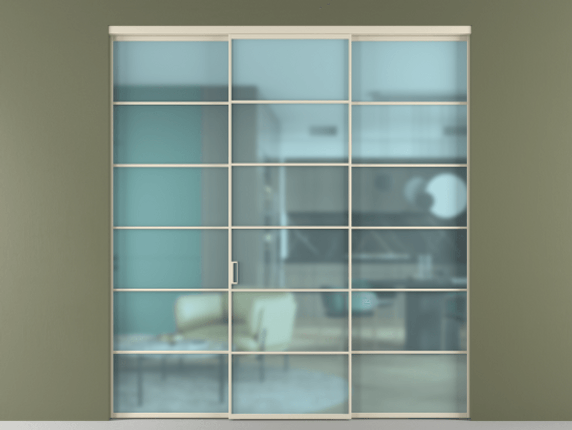 Перегородка Формато внутри проёма 3 створки АЛПР 040.04 Алюминий бежево-серый Сатинированное голубое стекло, триплекс Цена 293990 ₽ | Volhovec