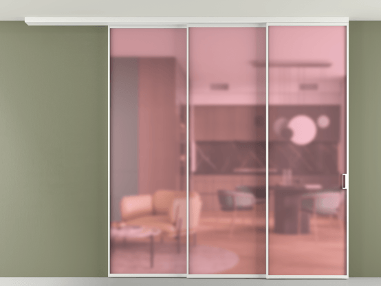 Алюминевая перегородка АЛПР 040.01_АБЛ_САТ РОЗ_new. Цвет Алюминий белоснежный. Материал Алюминий в эмали. Коллекция Перегородка Формато вдоль стены на потолок 3 створки с синхронным механизмом. Картинка.